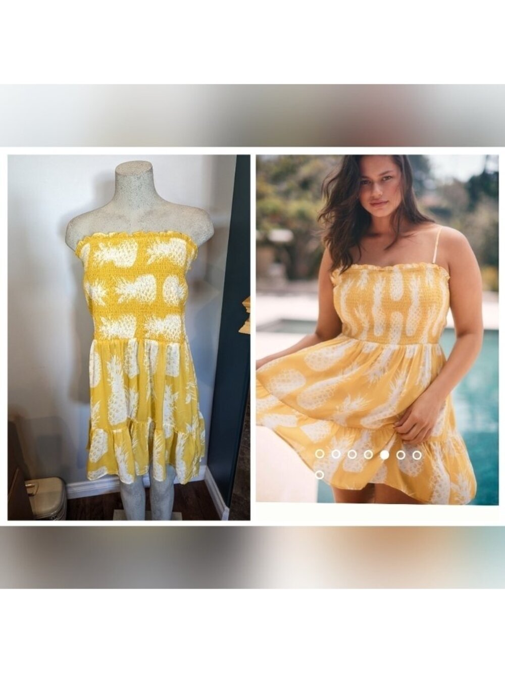 Anthropologie Yellow & White Mini Dress, Pineapple Print removable Straps sz 1x - Picture 2 of 16